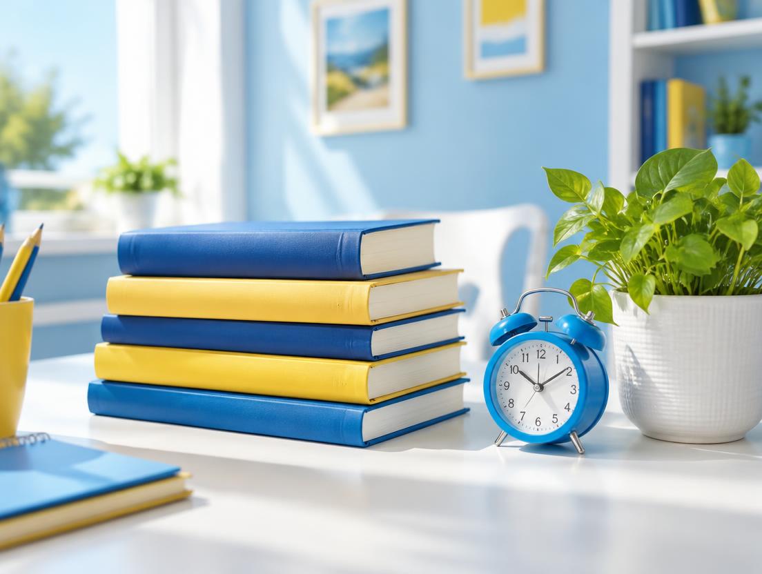 Books and clock on study desk for exam preparation