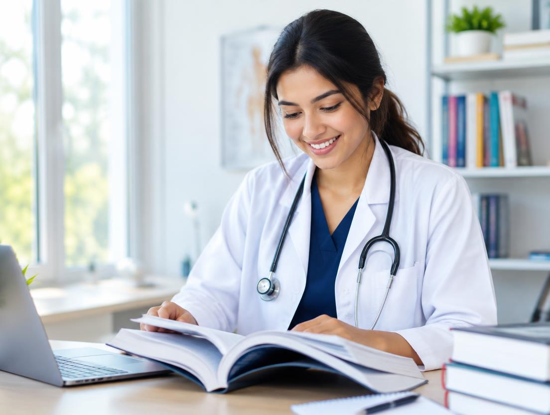Aspiring medical student reading a textbook at her desk