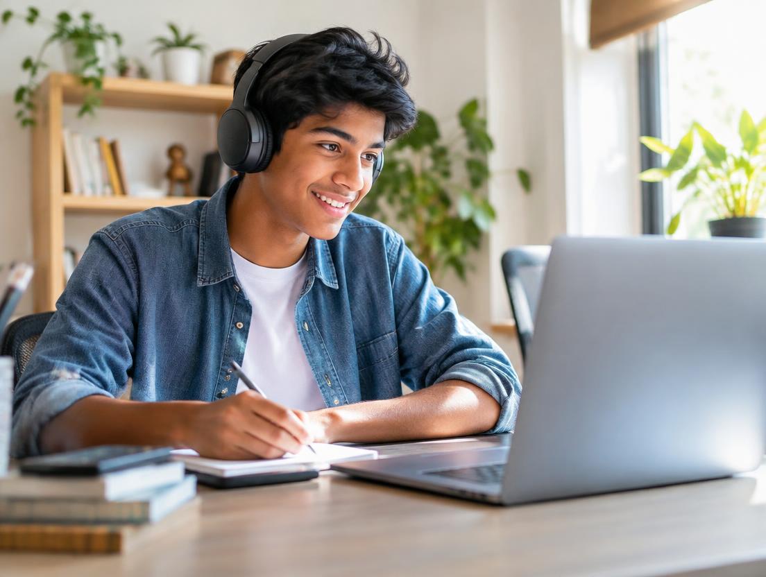Student learning comfortably at home with laptop