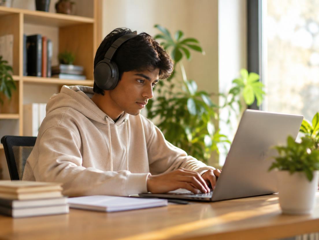 Student working independently on a laptop in a bright study space