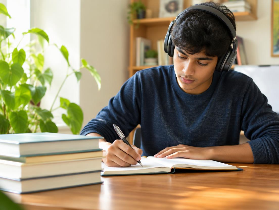 Student concentrating on written work with headphones on