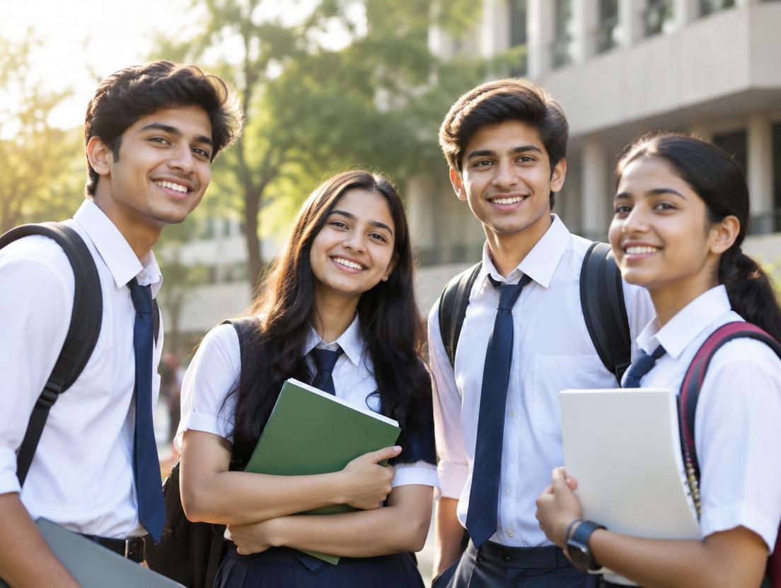 Group of smiling students with backpacks and notebooks